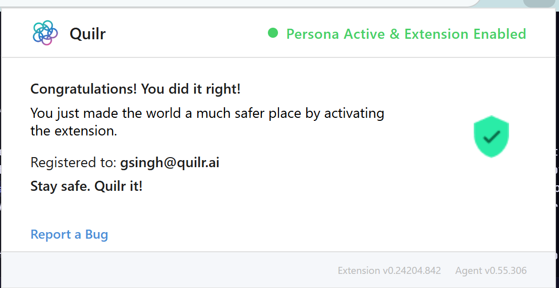 Quilr extension popup — Persona Active & Extension Enabled