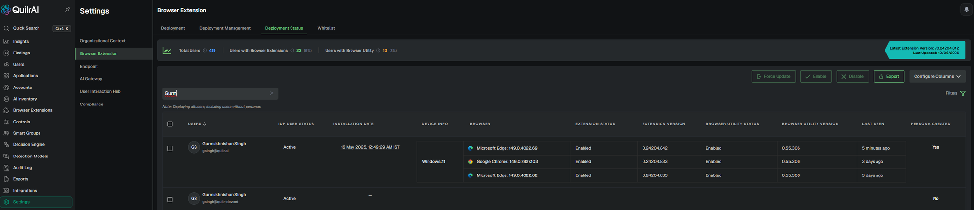 Quilr Console - Settings - Browser Extension - Deployment Status tab. A user row 'Gurmukhnishan Singh' (gsingh@quilr.ai) is shown with IdP status Active, three browser rows for Windows 11 (Microsoft Edge 149.0.4022.69, Google Chrome 149.0.7827.103, Microsoft Edge 149.0.4022.62), Extension Status Enabled with version 0.24204.842 / 0.24204.833, Browser Utility Status Enabled at 0.55.306, Last Seen times '5 minutes ago' / '3 days ago', and Persona Created = Yes.
