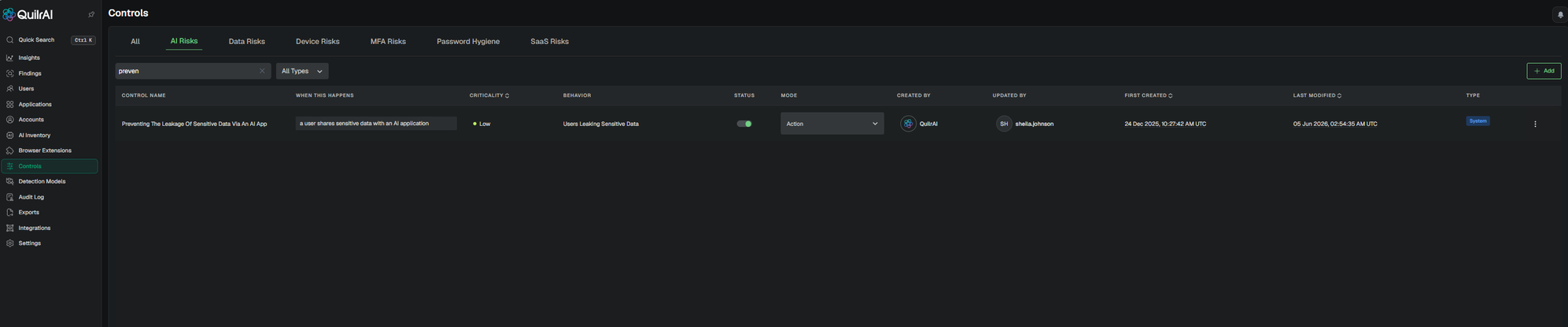 Quilr Console - Controls page - AI Risks tab. The row 'Preventing The Leakage Of Sensitive Data Via An AI App' is shown with When This Happens 'a user shares sensitive data with an AI application', Criticality Low, Behavior 'Users Leaking Sensitive Data', Status toggle on, Mode dropdown set to 'Action'.