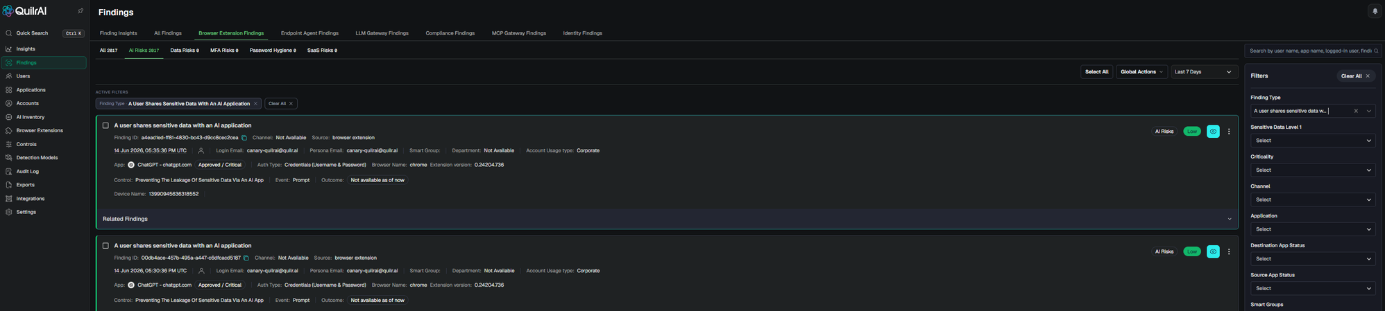 Quilr Console - Findings - Browser Extension Findings - AI Risks tab. Two findings titled 'A user shares sensitive data with an AI application' shown with Finding ID, timestamp (14 Jun 2026), Login Email canary-quilrai@quilr.ai, Persona Email canary-quilrai@quilr.ai, Department Not Available, Account Usage Type Corporate, App ChatGPT (chatgpt.com) tagged Approved / Critical, Auth Type Credentials (Username & Password), Browser Name chrome, Extension version 0.24204.736, Control 'Preventing The Leakage Of Sensitive Data Via An AI App', Event Prompt, Outcome Not available as of now. Each row tagged AI Risks / Low criticality.