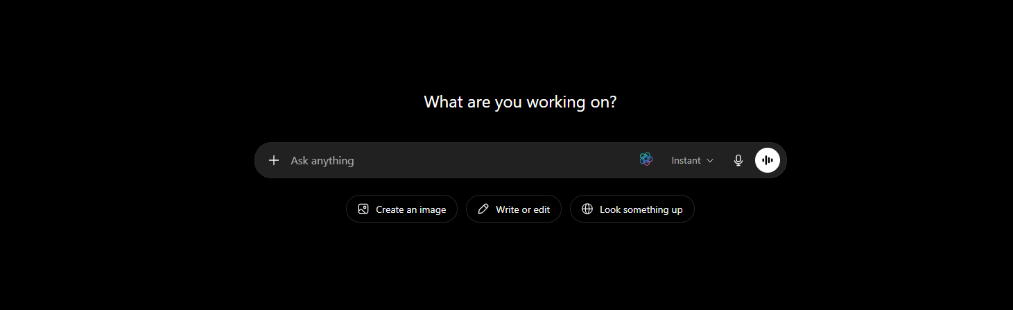 ChatGPT prompt box on chatgpt.com showing the Quilr icon — a small atom-style mark with a cyan/pink orbital ring — rendered inline between the 'Ask anything' input area and the 'Instant' model picker.